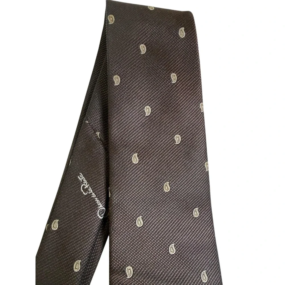 Oscar‎ de la Renta Necktie Men OS Brown Excellent Vintage Paisley 70s 80s Silk